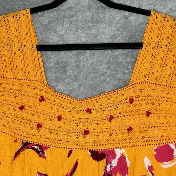 Lane Bryant 28 3X Top Shirt Yellow Floral Flower Square Neck Cap Short Sleeve - Picture 2 of 7